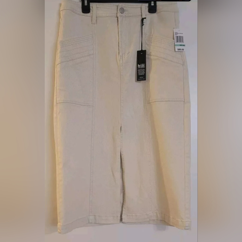 Habitual Ivory Metallic Coated Denim Front Slit Midi Denim Skirt. Size 8/29